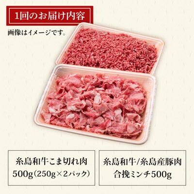 6回定期便 糸島和牛小間切れ500g&糸島和牛糸島産豚肉合挽ミンチ500g合計1kg[ACA238]