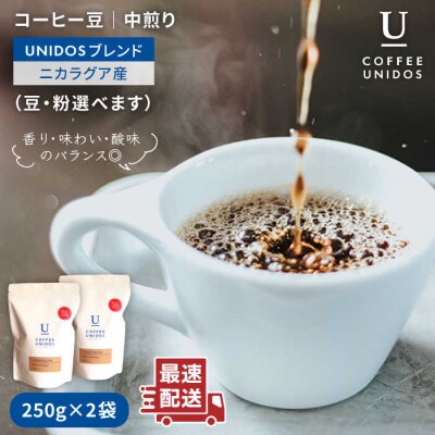 【年内発送】中煎りコーヒー豆ウニドスブレンド250g×2袋(豆・粉選べる)[AQF012]