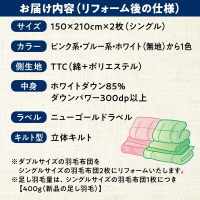 羽毛布団 リフォーム 打ち直し 【ダブルサイズからシングルサイズ2枚】 糸島市 / [ADP004]