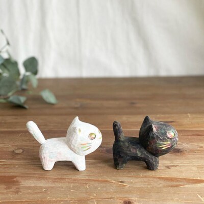 猫 木彫りの置物 1点 糸島市 / しろくも工房【いとしまごころ】 [AEO011]