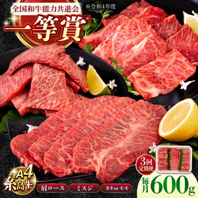 【3回定期便】焼肉3種 600g 2-3人前 肩ロース ミスジ モモ (カタ)  [AGN009]