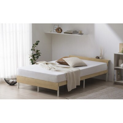 ウッドスチールベッド 宮付き  白/ナチュラル セミダブル アイリスオーヤマ[53753301]
