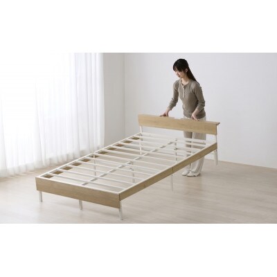 ウッドスチールベッド 宮付き  白/ナチュラル セミダブル アイリスオーヤマ[53753301]
