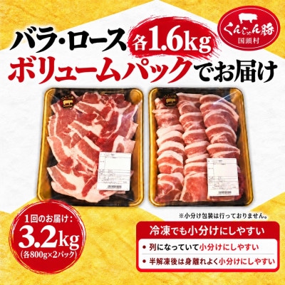 【毎月定期便】くんじゃん豚 焼肉セット(バラ・ロース)計19.2kg全6回