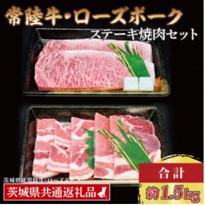 「常陸牛・ローズポーク」ステーキ焼肉セット(9~10人前)(ステーキ約900g、ポーク約600g)