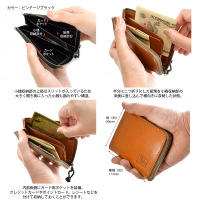 VanNuys 手の平サイズのオールインワン L型ファスナーウォレット(ビンテージキャメル)