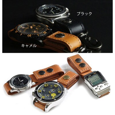 VanNuys バッグに吊るせるぬめ革の時計ホルダー Type-A【20mm幅】(キャメル)