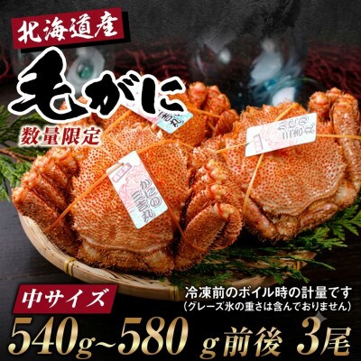 【浜ゆで自社タグ付】北海道産ボイル毛ガニ540g～580g前後×3尾