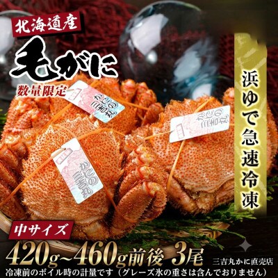 【浜ゆで自社タグ付】北海道産ボイル毛ガニ420g～460g前後×3尾 冷凍