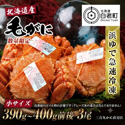 【浜ゆで自社タグ付】北海道産ボイル毛ガニ390g～400g前後×3尾