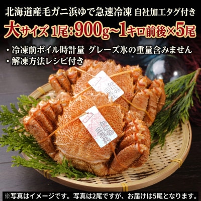 k0405【浜ゆで自社タグ付】北海道産ボイル毛ガニ 900g～1000g前後×5尾