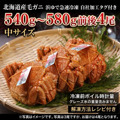 k0704【浜ゆで自社タグ付】北海道産ボイル毛ガニ540g～580g前後×4尾