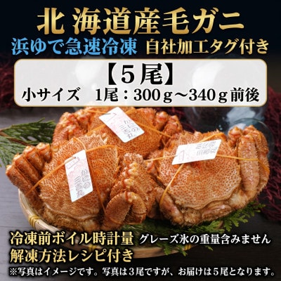 k1205【浜ゆで自社タグ付】北海道産ボイル毛ガニ300g～340g前後×5尾