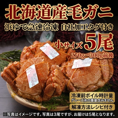 k1305【浜ゆで自社タグ付】北海道産ボイル毛ガニ270g～300g前後×5尾