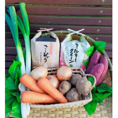 ごかを食べよう!セット5(コシヒカリ2kgとミルキークイーン2kgの食べ比べ、農産物おまかせ4種類)