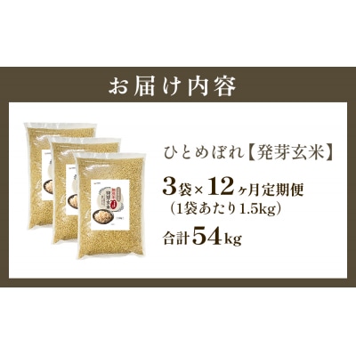 特A ひとめぼれ 米 残留農薬ゼロ 発芽玄米 1.5kg × 3袋 12ヶ月 毎月定期便 無洗米