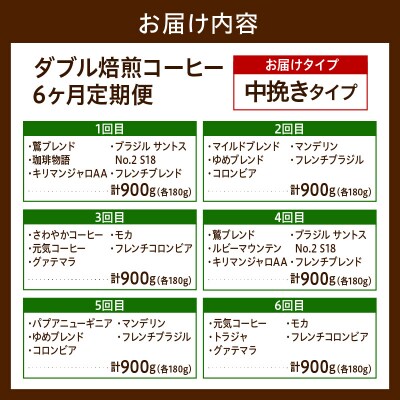 中挽きタイプ 6ヶ月 定期便 ダブル焙煎 コーヒー おうち セット 180g × 5種 × 6回