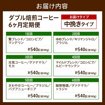 中挽きタイプ 6ヶ月 定期便 ダブル焙煎 コーヒー おうち セット 180g × 3種 × 6回