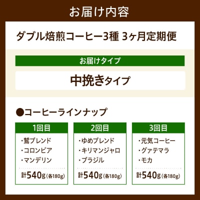 中挽きタイプ 3ヶ月 定期便 ダブル焙煎 コーヒー おうち セット 180g × 3種 × 3回