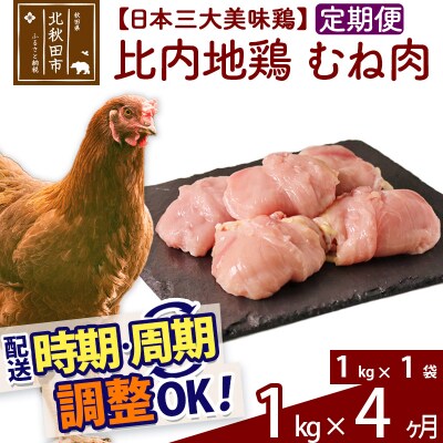 《定期便4ヶ月》比内地鶏 むね肉(1kg×1袋)×4回 計4kg|jaat-050604