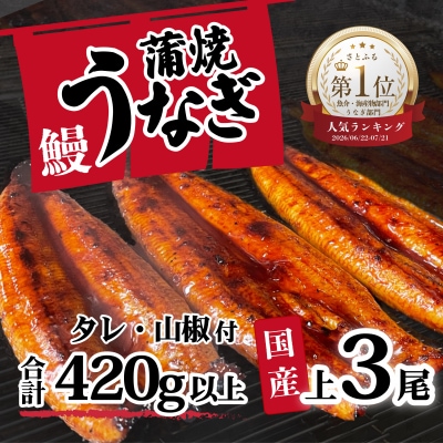 【訳あり】 国産うなぎ 蒲焼き 3尾 420g以上 大きさ不揃い タレ・山椒付き