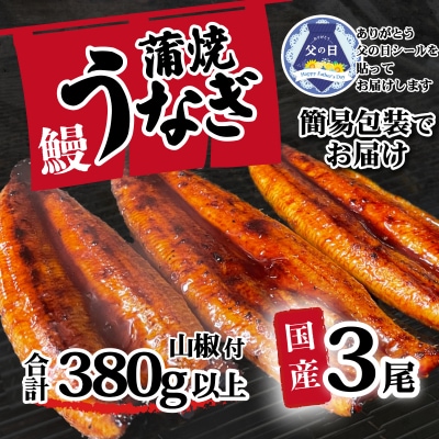 【父の日】【簡易包装】訳あり 国産うなぎ 蒲焼き 3尾 380g以上 大きさ不揃い 山椒付き