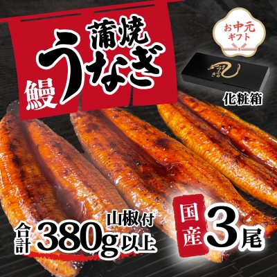【お中元】【化粧箱】訳あり 国産うなぎ 蒲焼き 3尾 380g以上 大きさ不揃い 山椒付き ギフト
