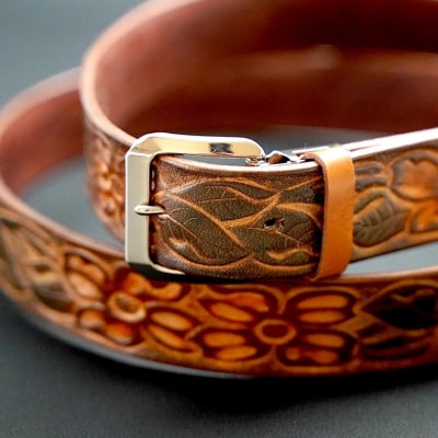 牛革ベルト(花柄・焦茶かすれ染め) [BE021ya-M]