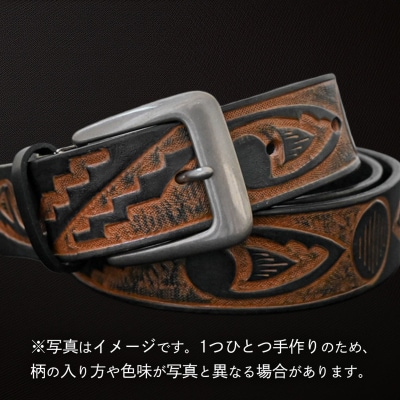 牛革ベルト インディアン槍模様 紺かすれ染め [BE038ya-M]