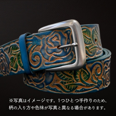 牛革ベルト 薔薇模様 青+緑かすれ染め [BE045ya-M]