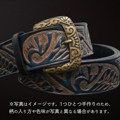 牛革ベルト インディアン鷲柄 紺すかし染め [BE052ya-M]