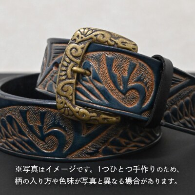 牛革ベルト インディアン鷲柄 紺すかし染め [BE052ya-M]