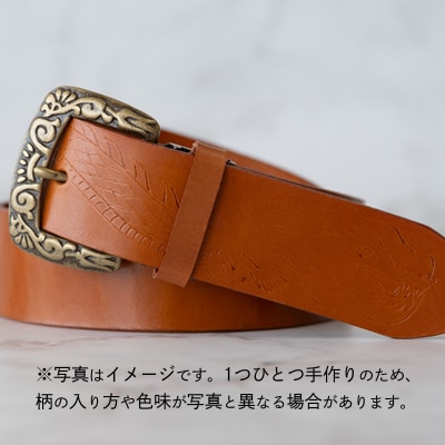 牛革ベルト(オイルベルト・茶色・龍模様) 手作り ハンドメイド [BE054-M]
