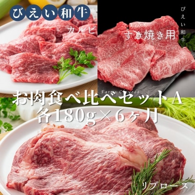ファームズ千代田　「びえい和牛」お肉食べ比べセットA　定期便(各180g×6ヶ月)