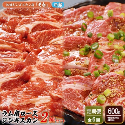 【定期便:全6回】知床ジンギスカン店「そら」ラム肩ロースジンギスカン2種　計600g【16012】