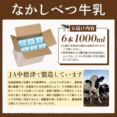 北海道なかしべつ牛乳 1L×6本【1402602】