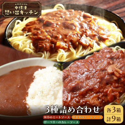 「河亭のミートソース」「ぴーべりーのカレーソース」「やまやのミートソース」各3箱【3203801】