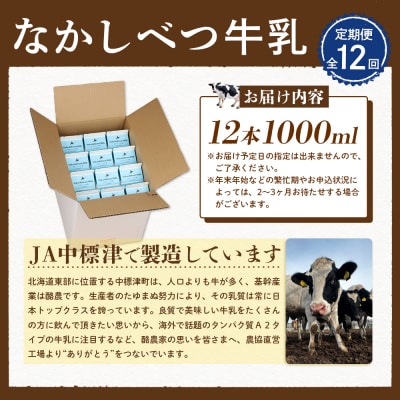【定期便:全12回】北海道なかしべつ牛乳 1L×12本【14061】