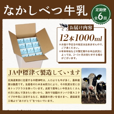 【定期便:全6回】北海道なかしべつ牛乳 1L×12本【14060】
