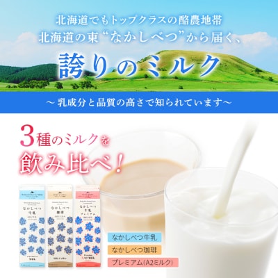 なかしべつ牛乳・珈琲・プレミアム 3種飲み比べ6本セット【14062】