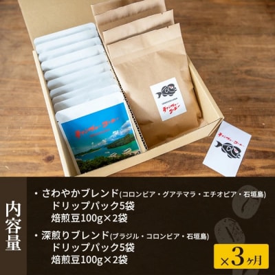 【3ヶ月定期便】石垣島産コーヒー豆MIXブレンド ドリップパック10個と焙煎豆100g×4袋セット