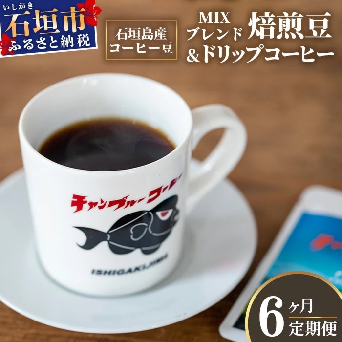 【6ヶ月定期便】石垣島産コーヒー豆MIXブレンド ドリップパック10個と焙煎豆100g×4袋セット