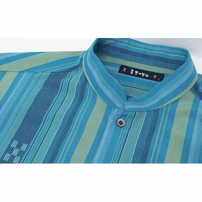 AZ-80 みんさー織 総手織りマオカラーシャツ(ニライカナイBL)Mサイズ