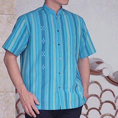 AZ-82 みんさー織 総手織りマオカラーシャツ(ニライカナイBL)LLサイズ