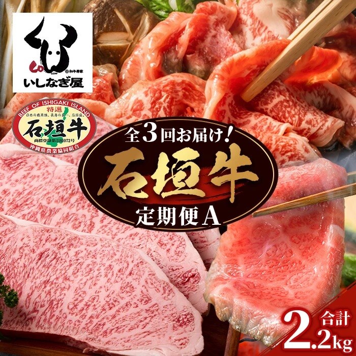 【全3回 定期便A】 石垣牛特選　焼肉・サーロインステーキ・すきしゃぶ　計2.2kg