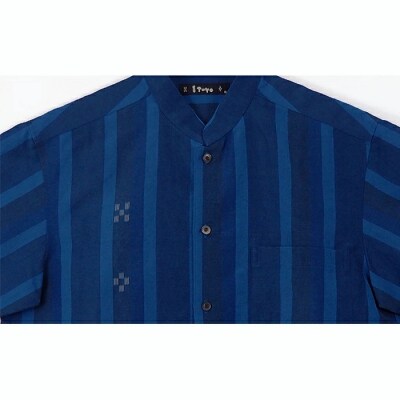 AZ-77 みんさー織 総手織りマオカラーシャツ(藍ストライプ)Mサイズ