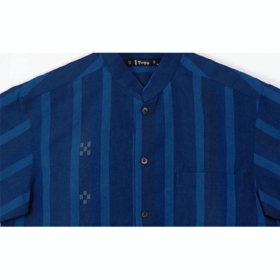 AZ-78 みんさー織 総手織りマオカラーシャツ(藍ストライプ)Lサイズ