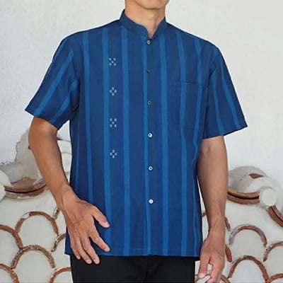 AZ-78 みんさー織 総手織りマオカラーシャツ(藍ストライプ)Lサイズ