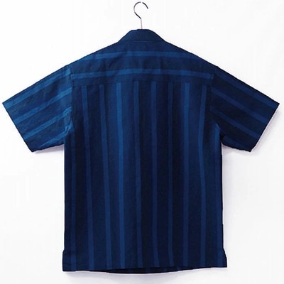AZ-74 みんさー織 総手織りボタンダウンシャツ(藍ストライプ)Mサイズ