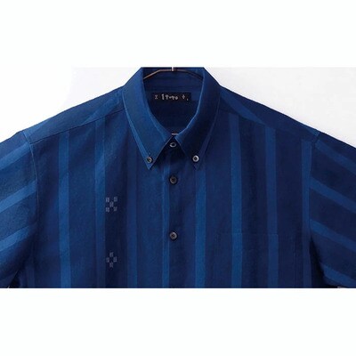 みんさー織 総手織りボタンダウンシャツ(藍ストライプ)LLサイズ AZ-76